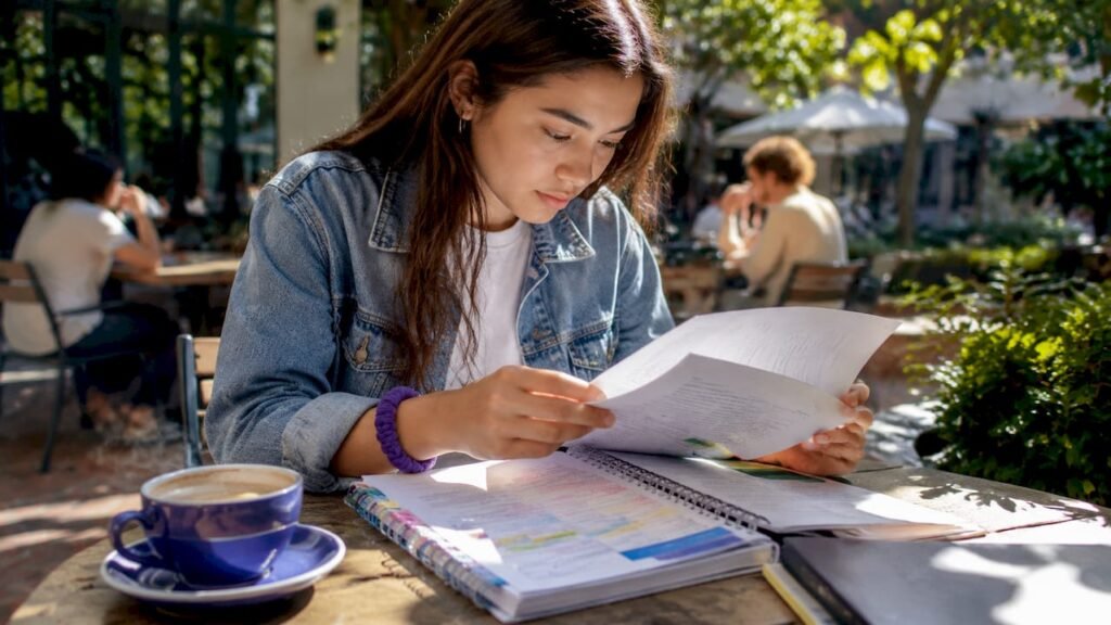 Student planning courses with catalog and notes