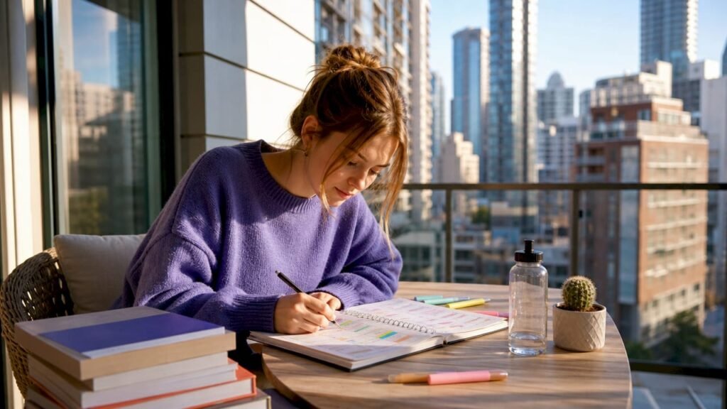 Student planning college class schedule at home