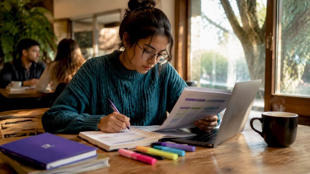 Student reviewing degree audit report at library table