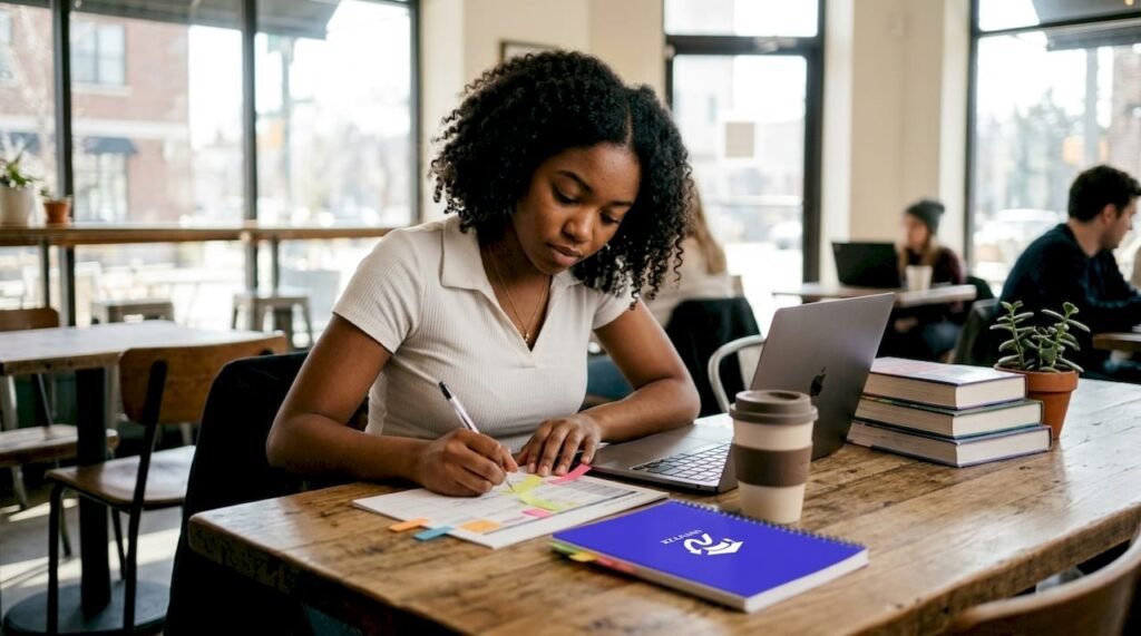 College student organizing semester schedule at library table