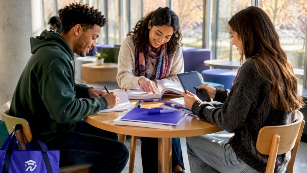 Diverse students collaboratively planning semester schedule