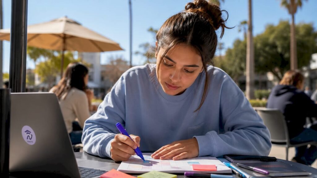 College student planning semester schedule in library
