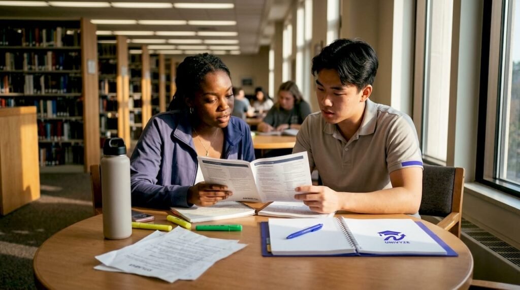 Two students planning courses in library study room