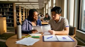 Two students planning courses in library study room