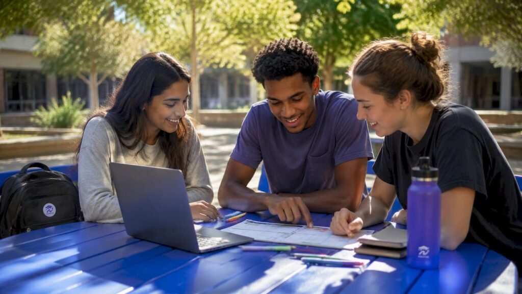 Students planning courses around a table in library