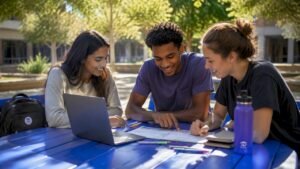 Students planning courses around a table in library