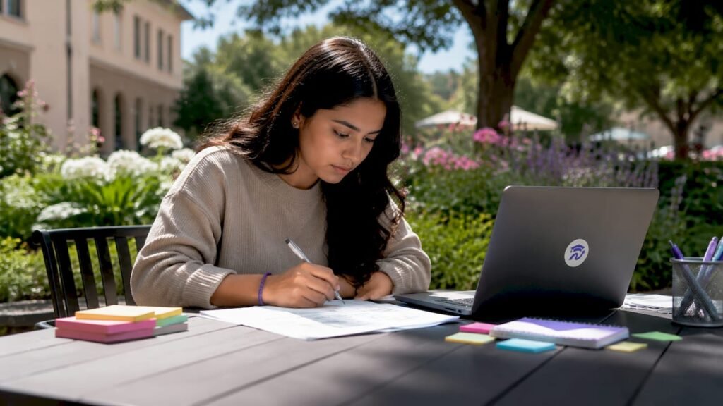 Student reviewing degree checklist at campus table