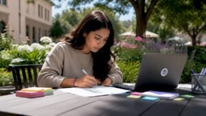 Student reviewing degree checklist at campus table