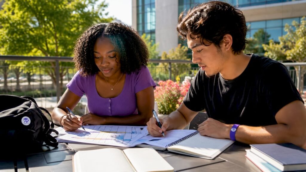 College students planning degree requirements together