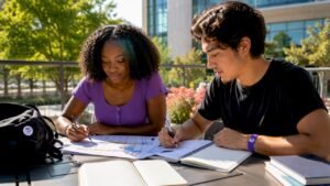 College students planning degree requirements together