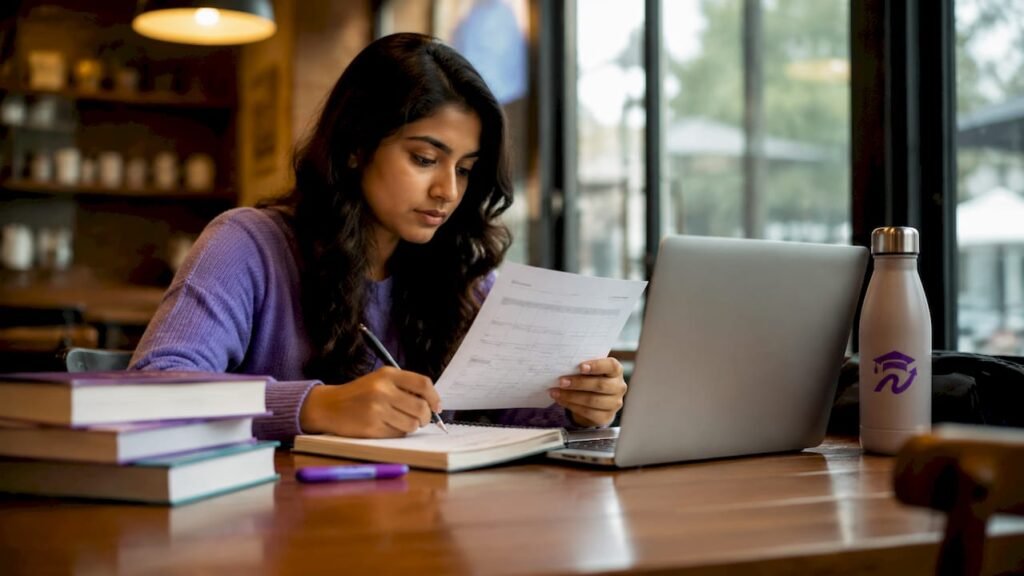 Student reviewing degree plan at university library