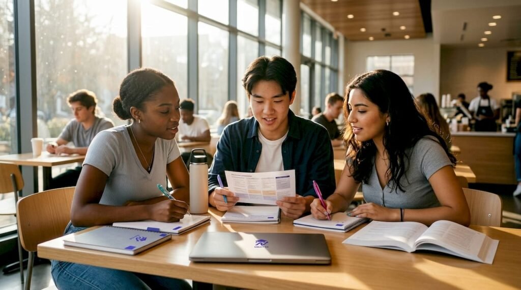 Students planning college classes together around table