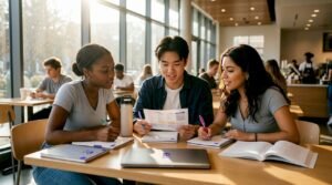 Students planning college classes together around table
