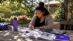 Student planning major with course catalogs
