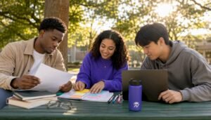 Diverse college students planning semester schedule