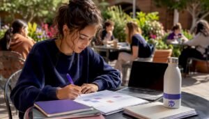 Student planning college course schedule at library table