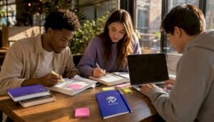 Students planning college degree schedules together
