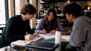 College students planning semester schedule together