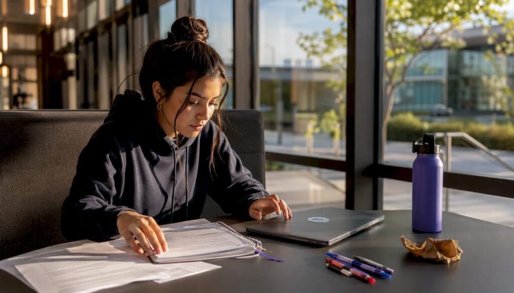 Student organizing semester plan in campus library