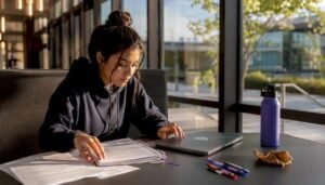 Student organizing semester plan in campus library