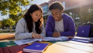 Students planning semester schedules together