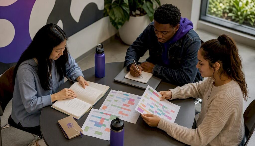 Group of students planning semester schedule in library