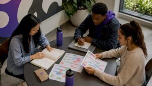 Group of students planning semester schedule in library