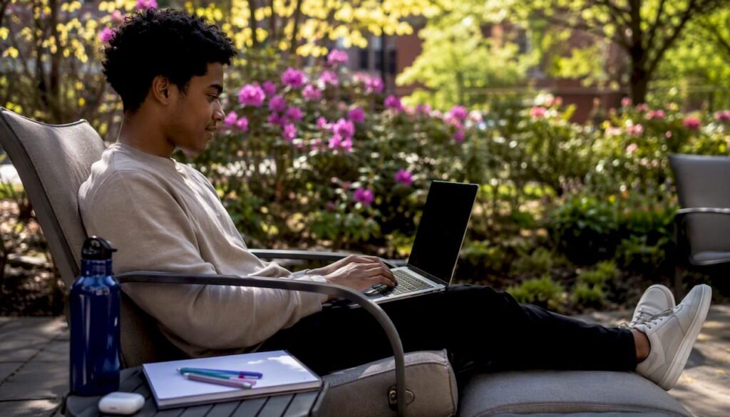 Student planning college courses on laptop