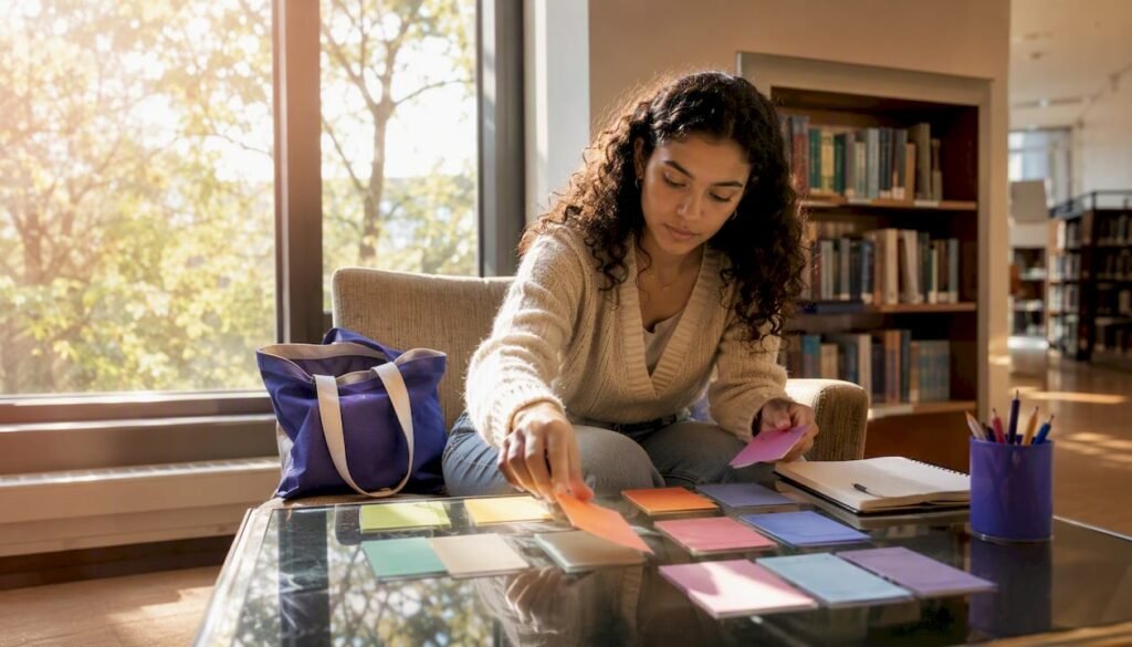Student arranging course cards on table