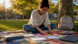 Student planning courses with notebook and laptop closed