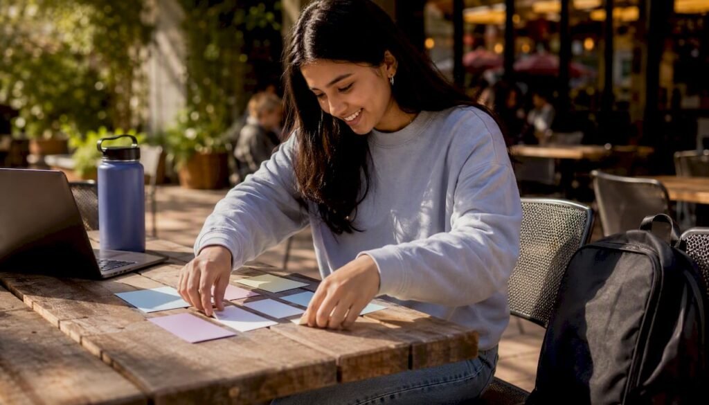 Student arranging semester schedule cards on campus bench