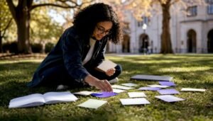 Student hands organizing course schedule cards