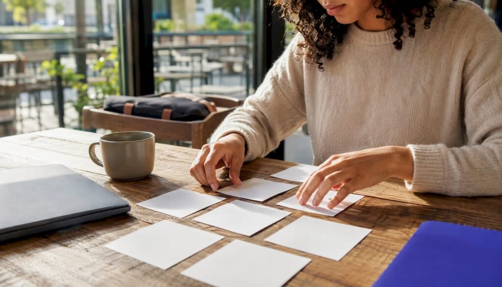 Hands arranging college semester schedule cards