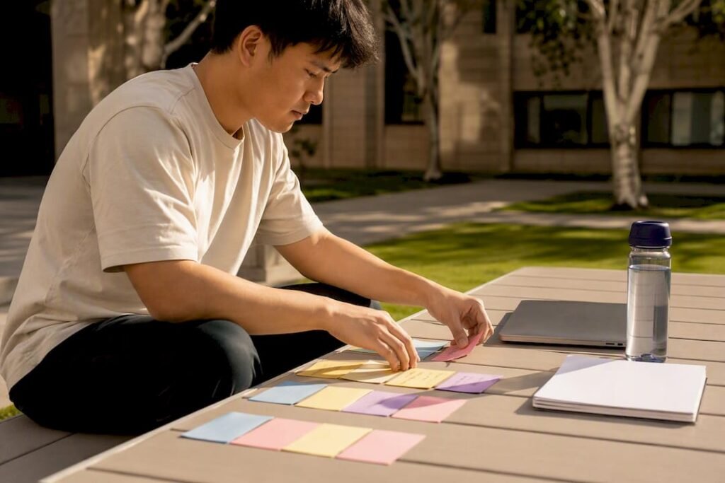 Hands arranging college schedule cards on table