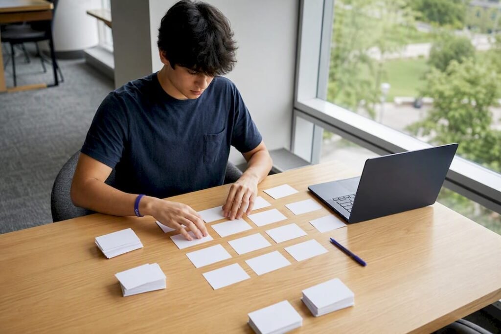 Student arranging course schedule cards