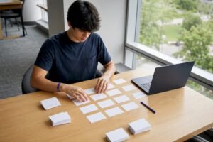 Student arranging course schedule cards