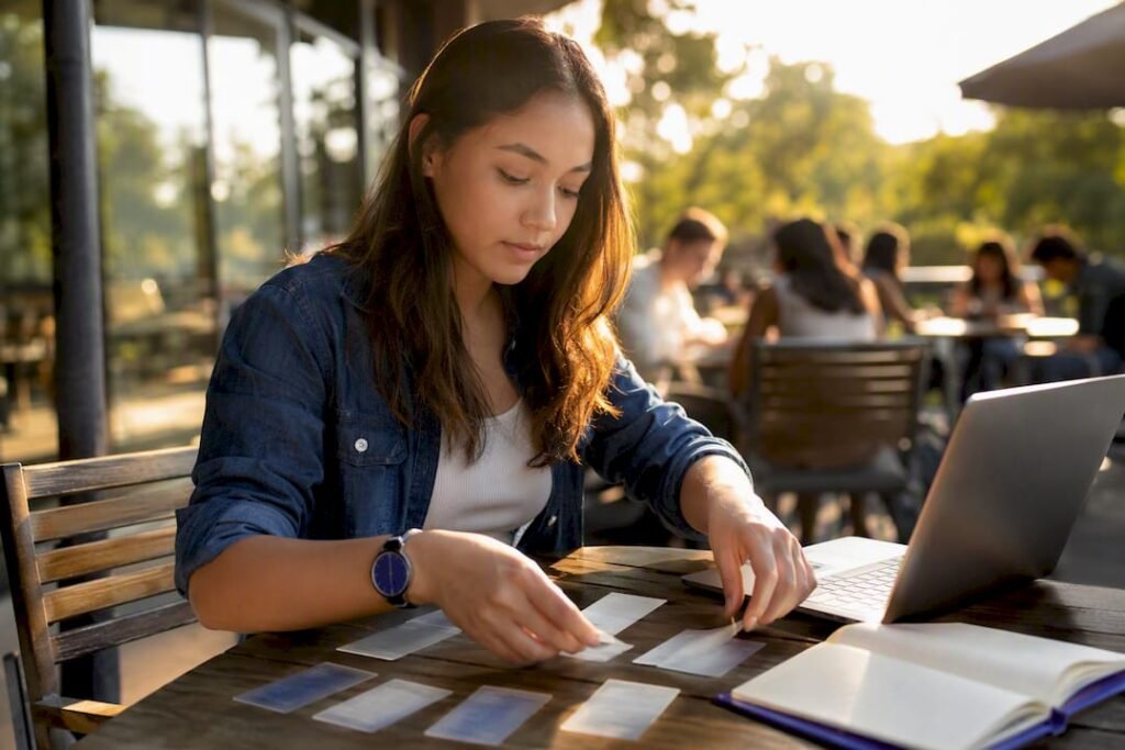 Hands arranging college course scheduling cards outdoors