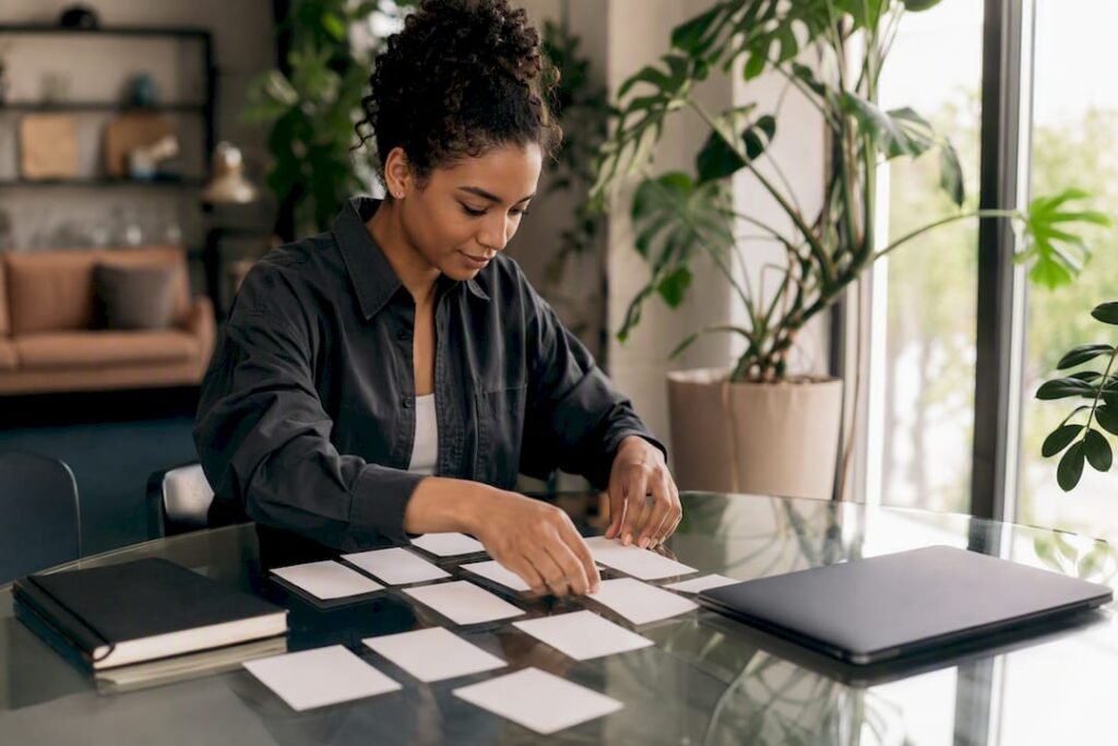 College student arranging course schedule cards