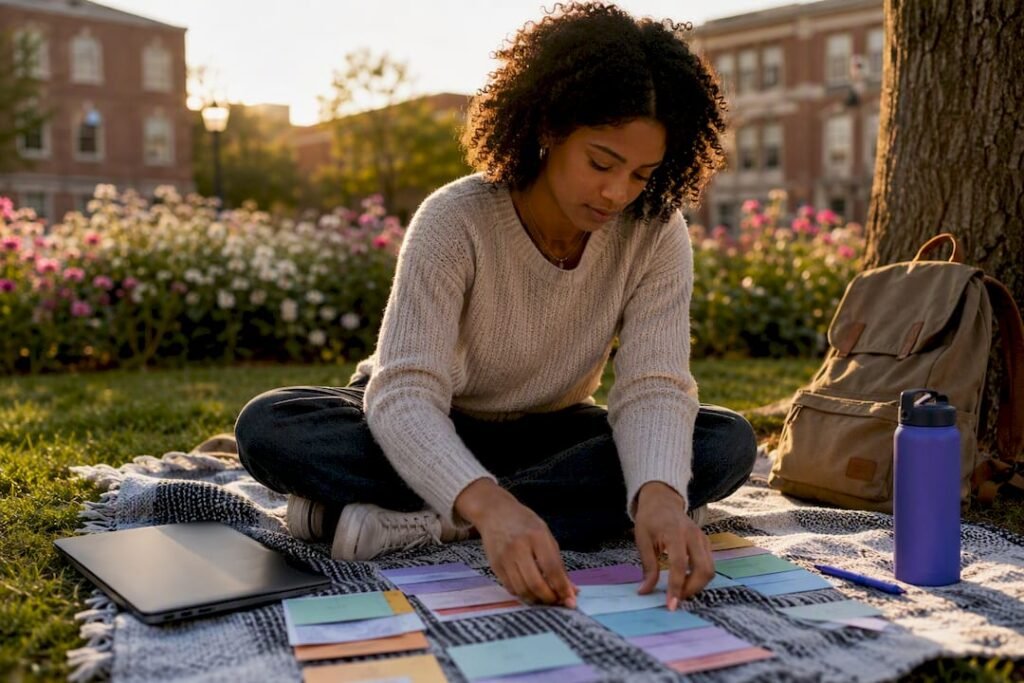 Student planning college records with cards