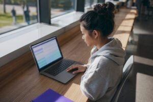 Student reviewing course options on laptop