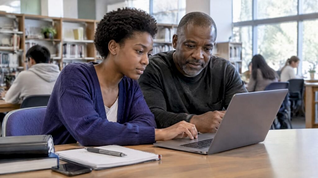Student and father review dual enrollment options