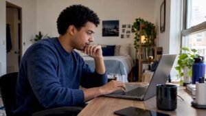 Student reviewing university course history on laptop