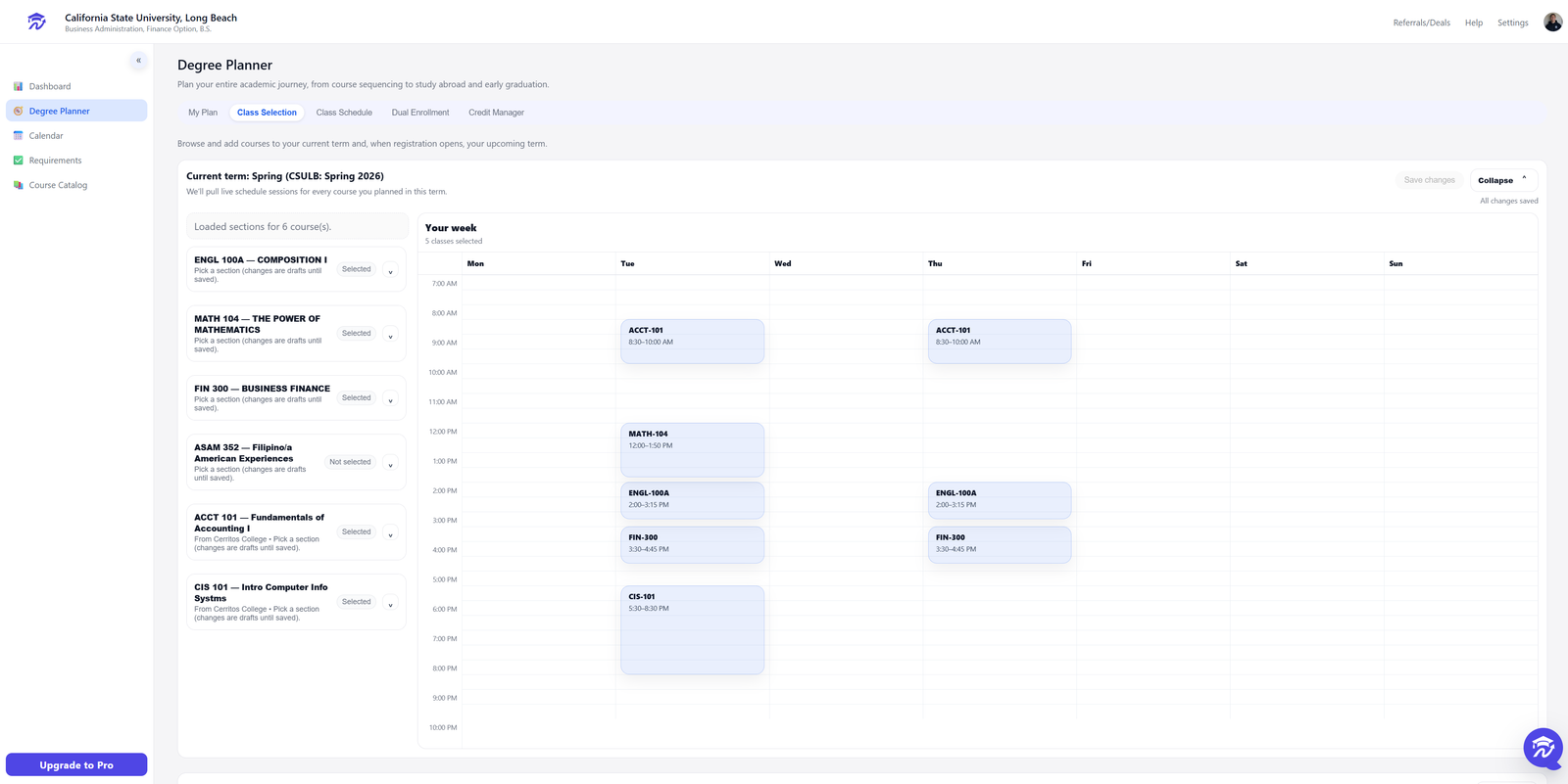 Univyze class selection page