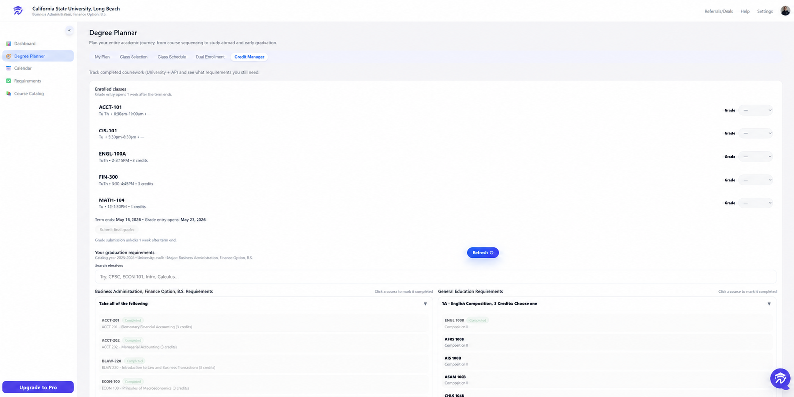 Univyze credit manager showing credits and completed courses