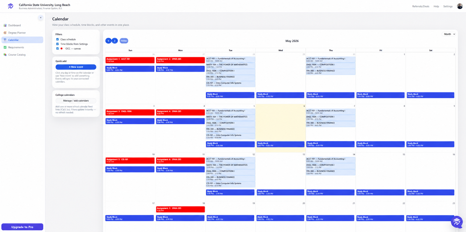 Univyze class schedule planning page